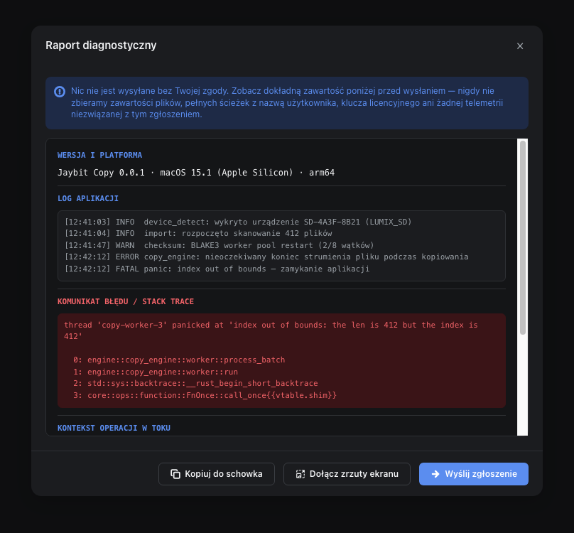 Diagnostic report window with full content preview