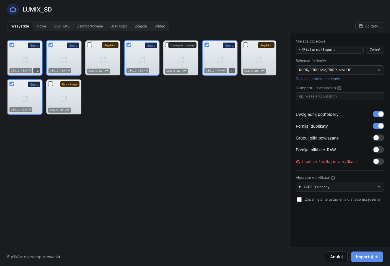 Import screen with thumbnail grid and settings