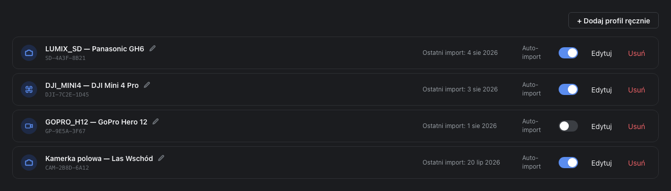 Device profiles and auto-import settings