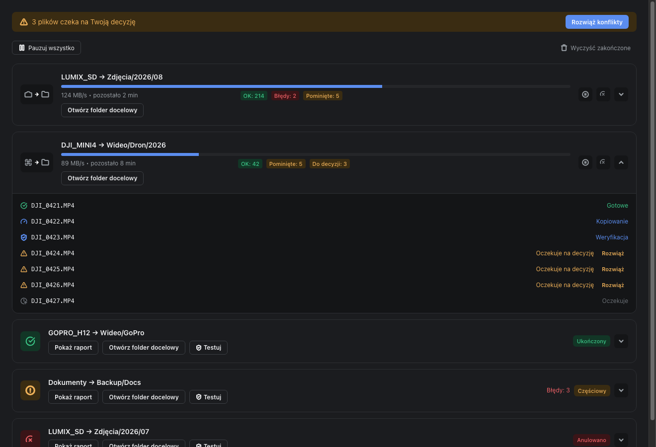 Active transfer queue showing live progress